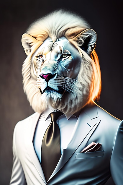 Portrait of a white lion dressed in a fashionable business suit Postprocessed