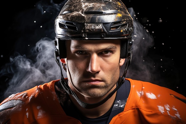 portrait of a white male hockey player in a helmet on a black background in the studio