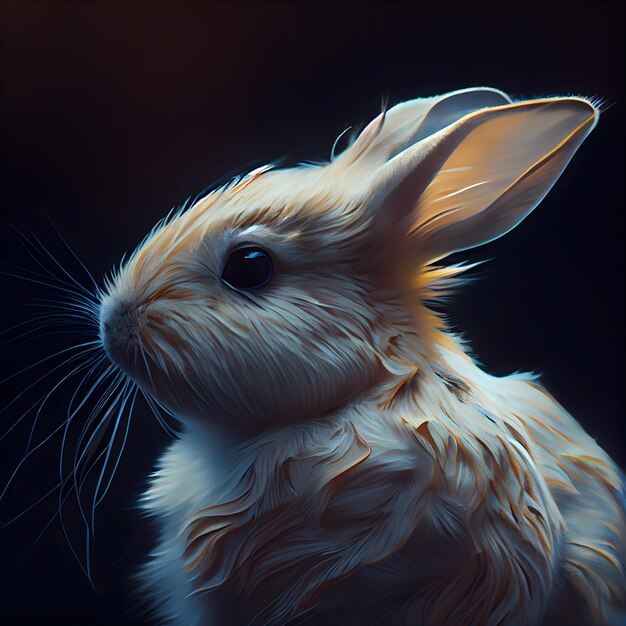 Portrait of a white rabbit with blue eyes on a black background