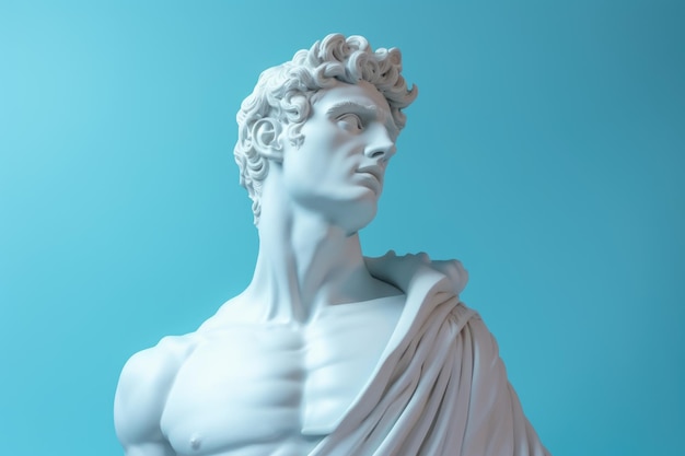 Portrait of a white sculpture of Apollo on a blue background with copy space