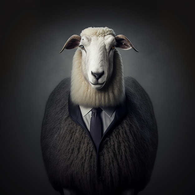 Portrait of a white sheep in black suit