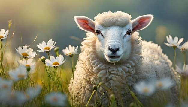 Portrait of white sheep in field with white flowers Farm animal Blurred natural backdrop