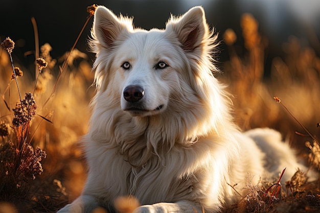 Portrait of white Swiss Shepherd dog on a nature close up photo morning light Ai art