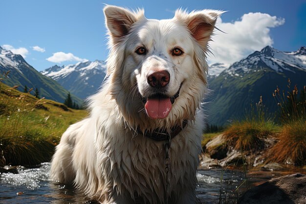 Portrait of white Swiss Shepherd dog on a nature close up photo morning light Ai generative art