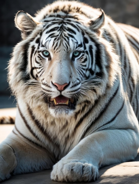 Portrait white tiger close up shot on white background