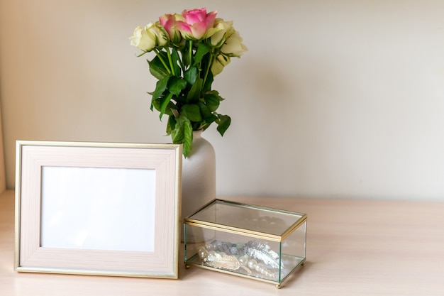 Portrait white with gold picture frame and jewelry box