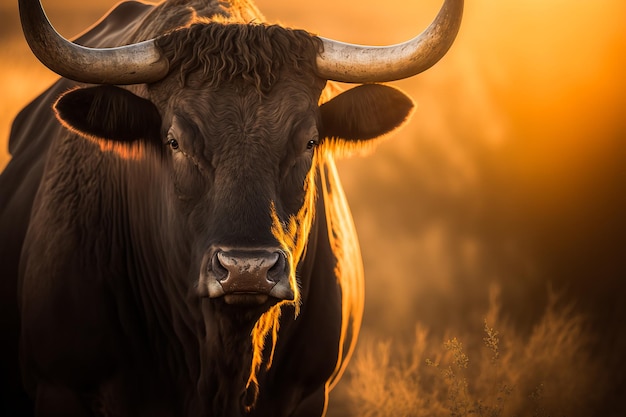 Portrait of a wild bull with long horns in natural habitat