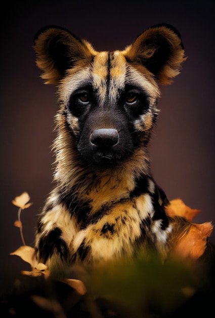 Portrait of a wild dog or hyena with a nature background