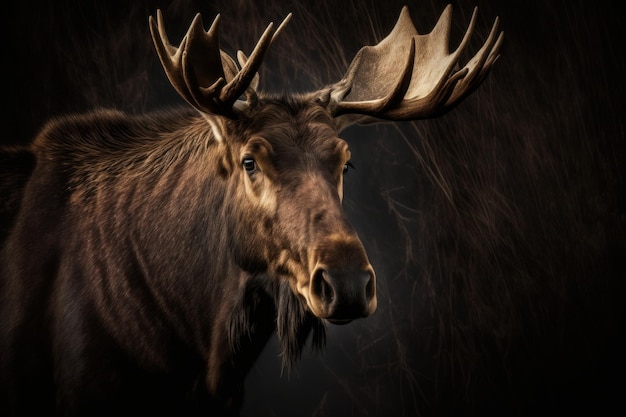 Portrait of a wild elk with large antlers on dark background Generative AI