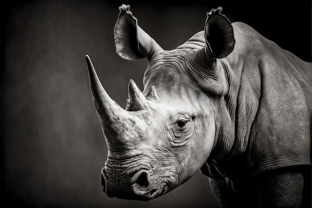 Portrait of wild rhinoceros blackandwhite image