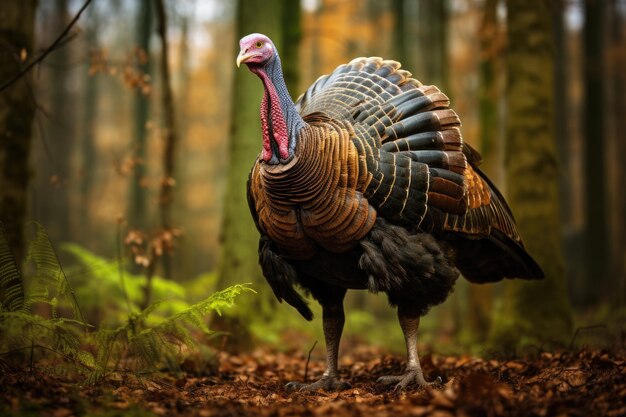 Portrait of a wild turkey in the autumn forest Animal portrait Portrait of a wild turkey in display on grass with the forest in the background AI Generated