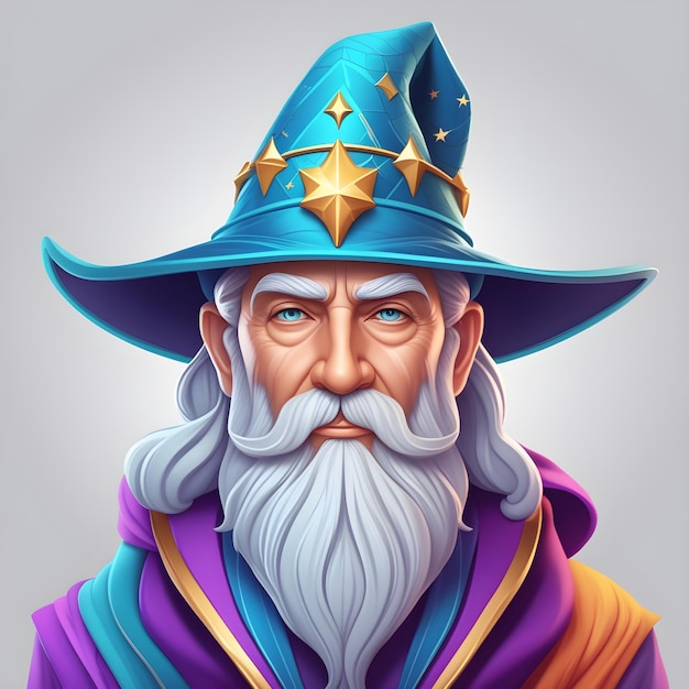 Photo portrait of the wise wizard in a blue hat vector illustration