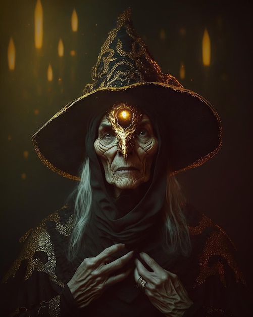 A portrait of a witch with a gold hat and a gold hat