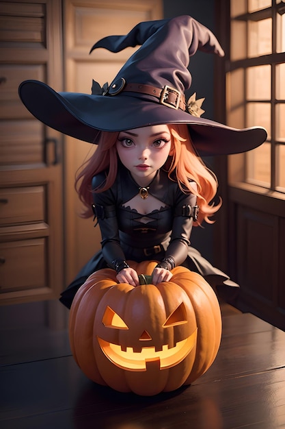 Portrait of a witch with a pumpkin Halloween