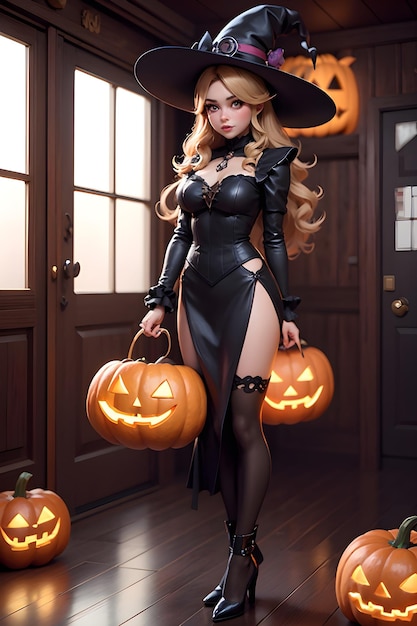 Portrait of a witch with a pumpkin Halloween