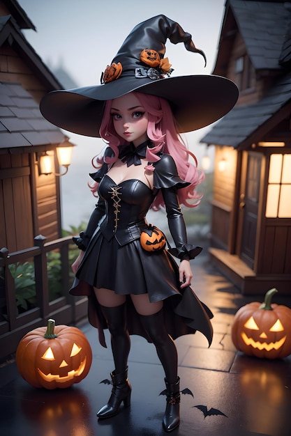 Portrait of a witch with a pumpkin halloween