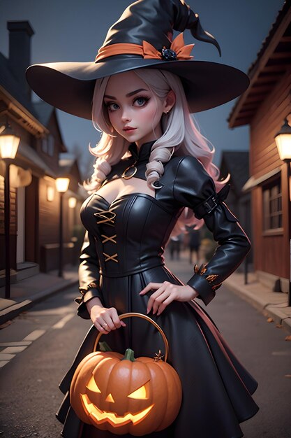 Portrait of a witch with a pumpkin Halloween