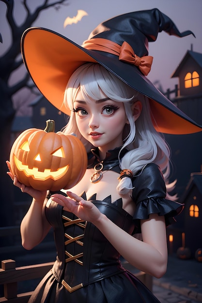 Portrait of a witch with a pumpkin Halloween