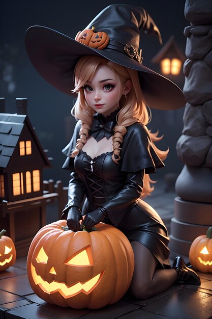 Portrait of a witch with a pumpkin Halloween