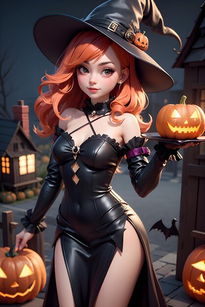 Portrait of a witch with a pumpkin Halloween