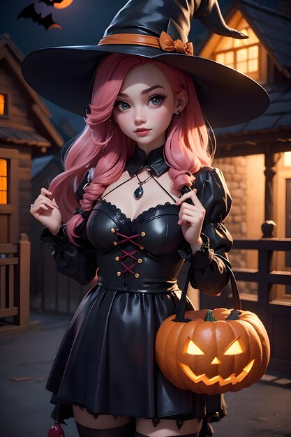 Portrait of a witch with a pumpkin halloween