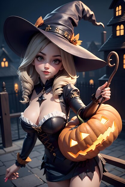 Portrait of a witch with a pumpkin halloween