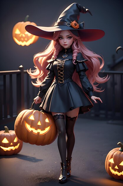 Portrait of a witch with a pumpkin halloween
