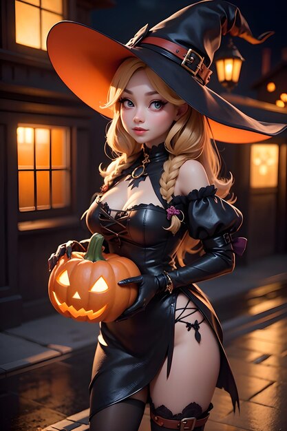 Portrait of a witch with a pumpkin Halloween