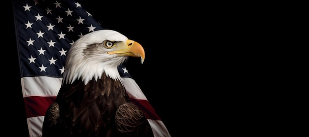 Portrait with copy space of an American bald eagle in front of a United States flag Studio shot on a black background July 4th Independence Day of the United States