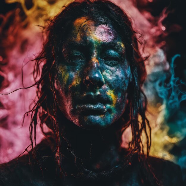 Portrait with a painted face and colorful smoke on a dark background