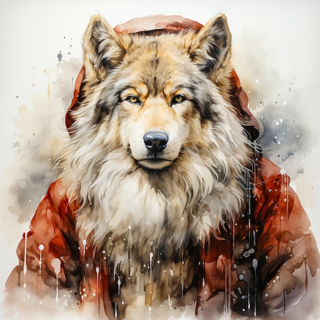 A portrait with vivid paint splashes featuring a wolf adorned in a cloak