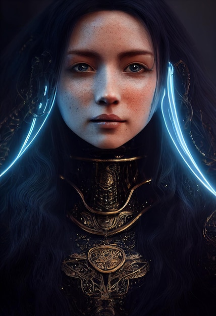 Portrait of a wizard woman with long glowing blue hair