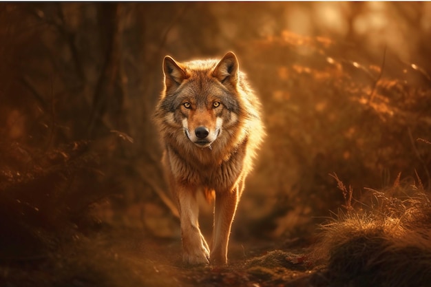 Portrait of a wolf in autumn forest at sunset Wildlife scene