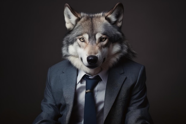 Photo portrait of a wolf in a business suit on a dark background