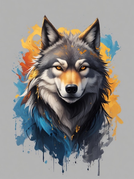 Portrait of a wolf on a colorful background digital painting tshirt design