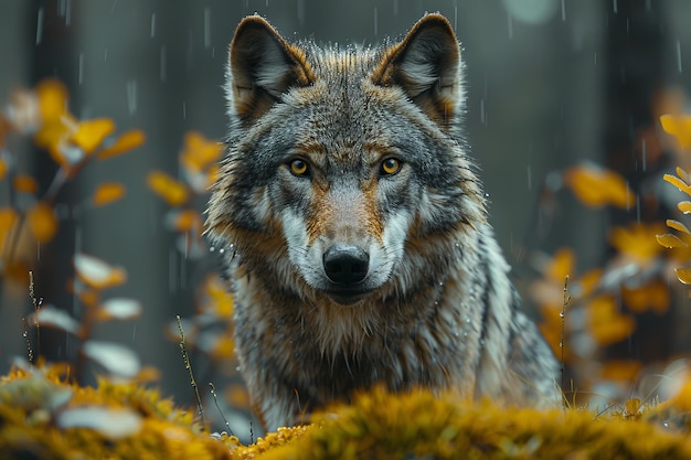 portrait of a wolf in the forest