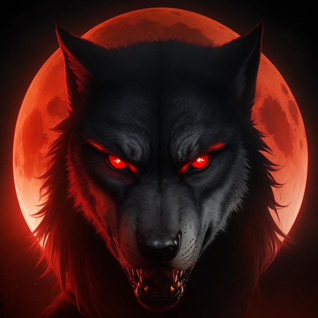 붉은 보름달 앞의 늑대 초상화 AI 생성