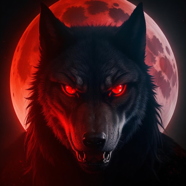 Portrait of a wolf in front of a red full moon AI Generated