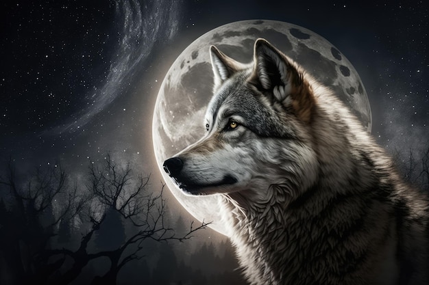 ジェネレーティブ AI 技術を使用して作成された満月の上のオオカミの肖像画