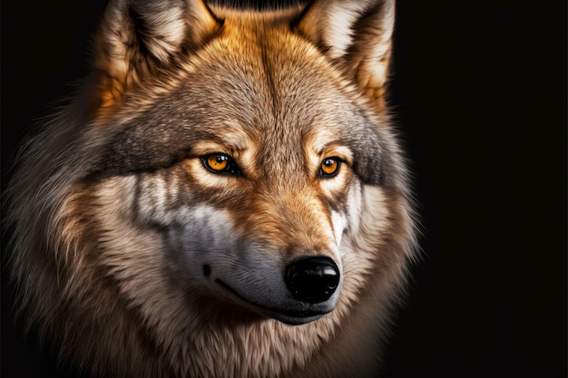 Portrait of wolf head with fur on black background