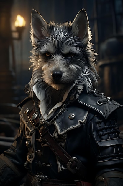 Portrait of Wolf Pirate First Mate Costume Skull and Crossbones Bandana Animal Arts Collections