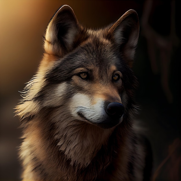 Portrait of a wolf in the rays of the setting sun