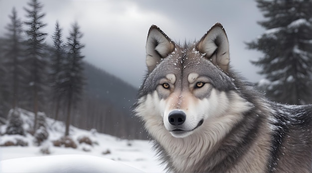 Portrait Of The Wolf In A Snowy Landy AI Generative World Animals Day