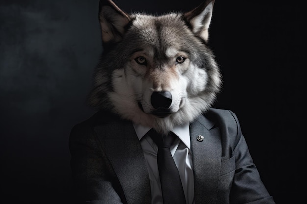 Portrait of a wolf in a suit on a black background Generative AI