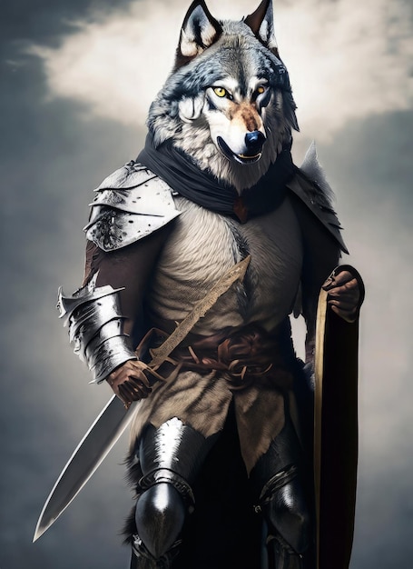 Photo portrait of a wolf warrior in armor with a sword and shield