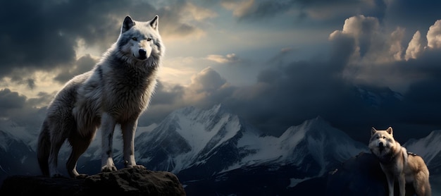 山の冬のオオカミの肖像画