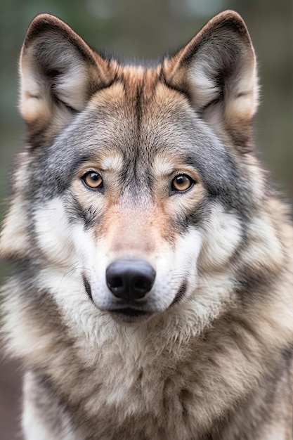 Portrait of a wolf with a black and white face.