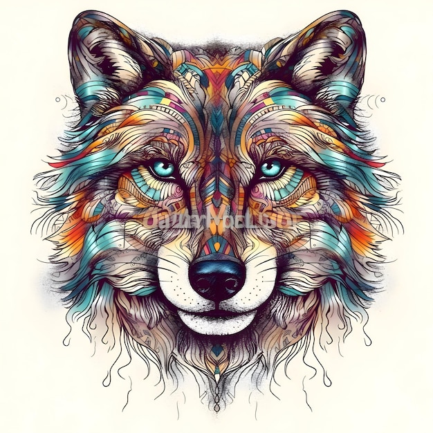 Portrait of a wolf with colorful ornament Handdrawn illustration