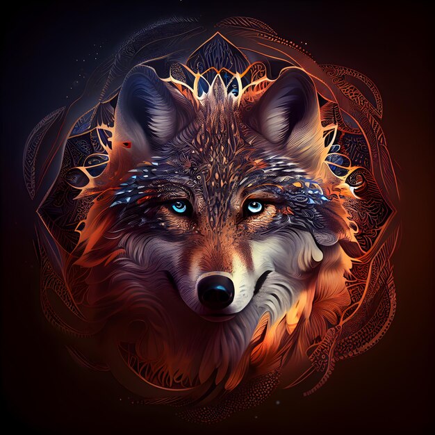 Portrait of a wolf with a pattern on the background illustration