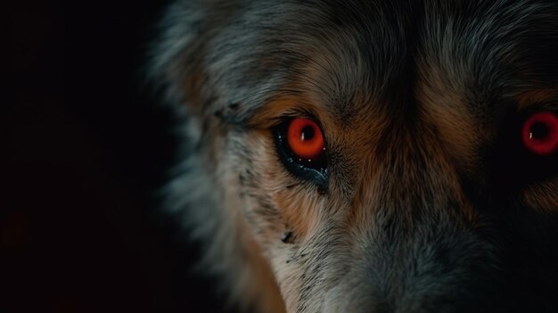 Portrait of a wolf with red eyes in the forest at nightgenerative ai